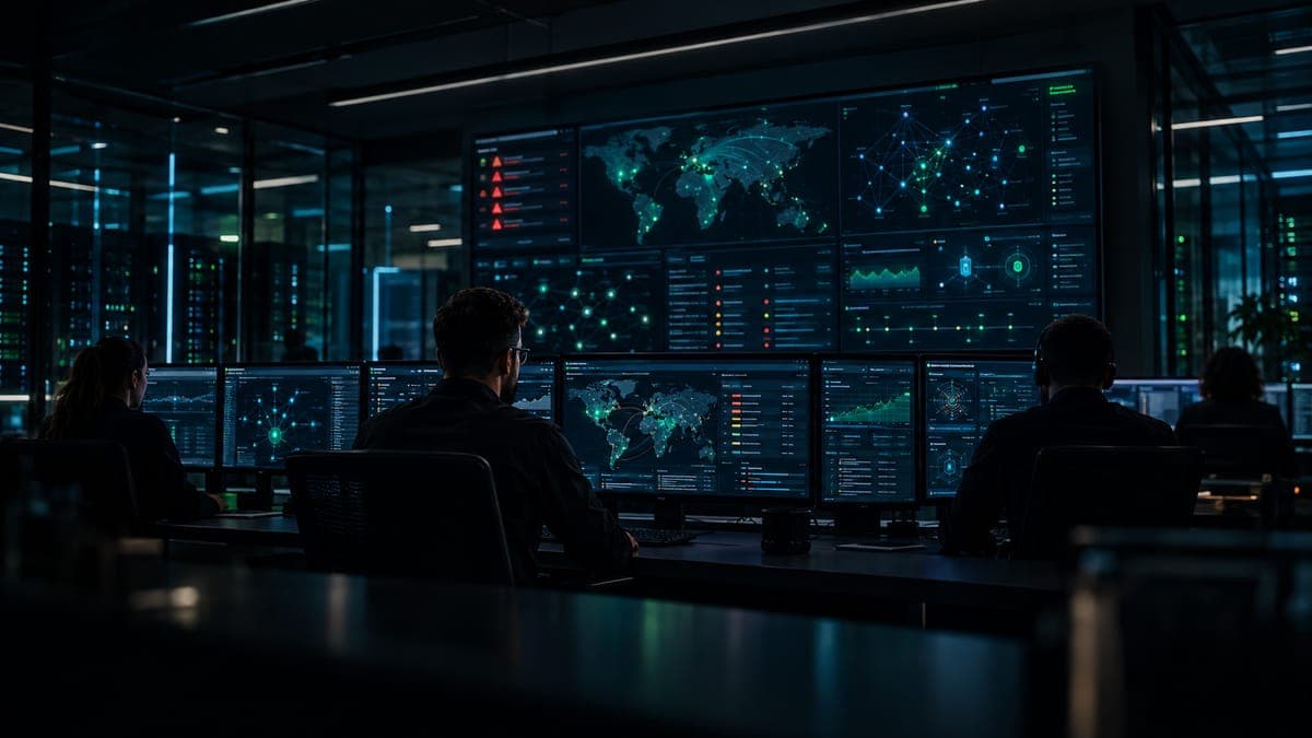 Analistas no SOC com painéis de monitoramento